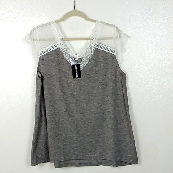 Lace Trim Top Large Gray Cap Sleeve V-neck Athleisure Women's Anyfit Wear - Picture 1 of 6